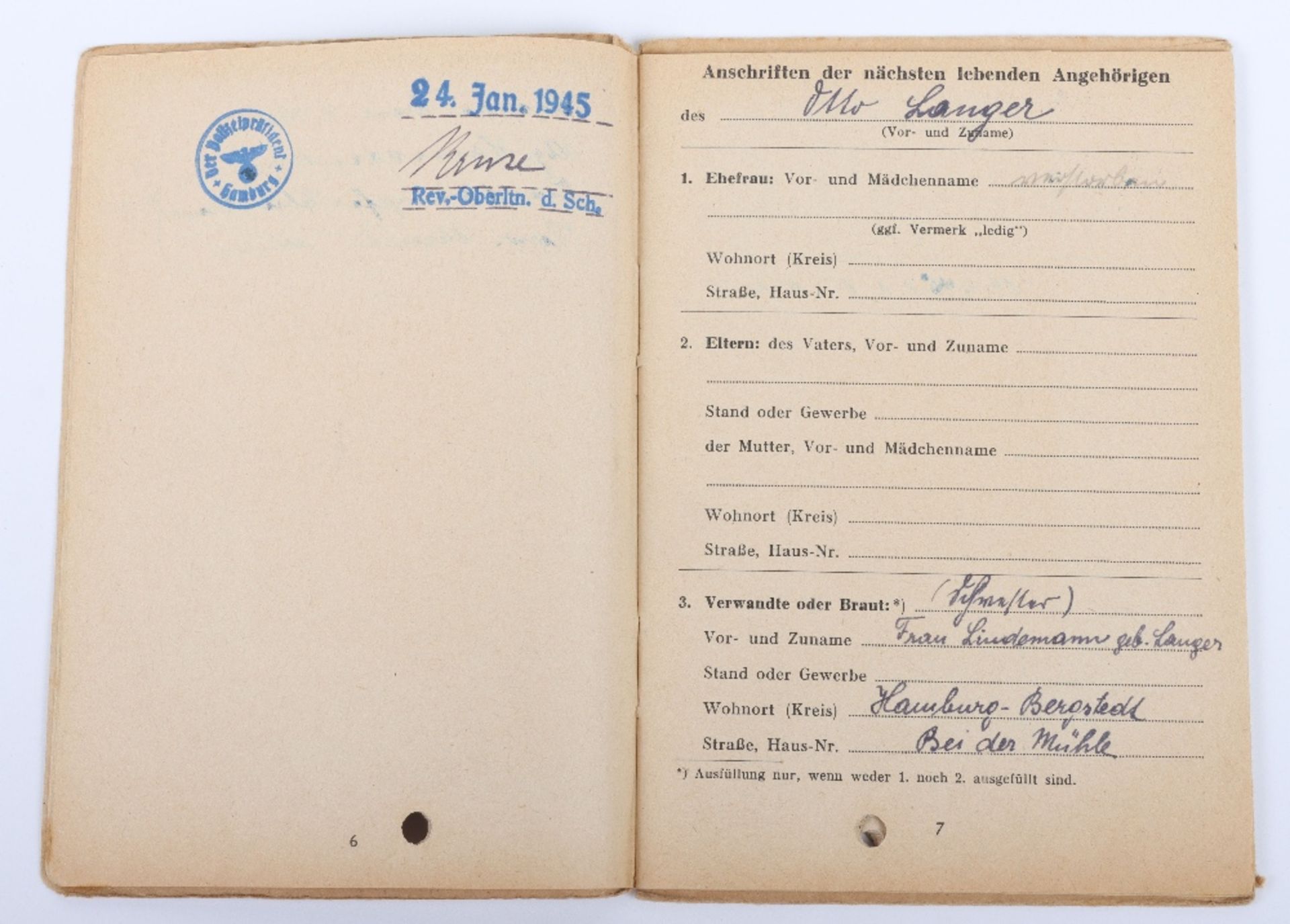 WW2 German SS-Polizei Soldbuch to Wachmeister der Reserve Otto Langer. Late, 1945 issue, Schutzpoliz - Bild 5 aus 13