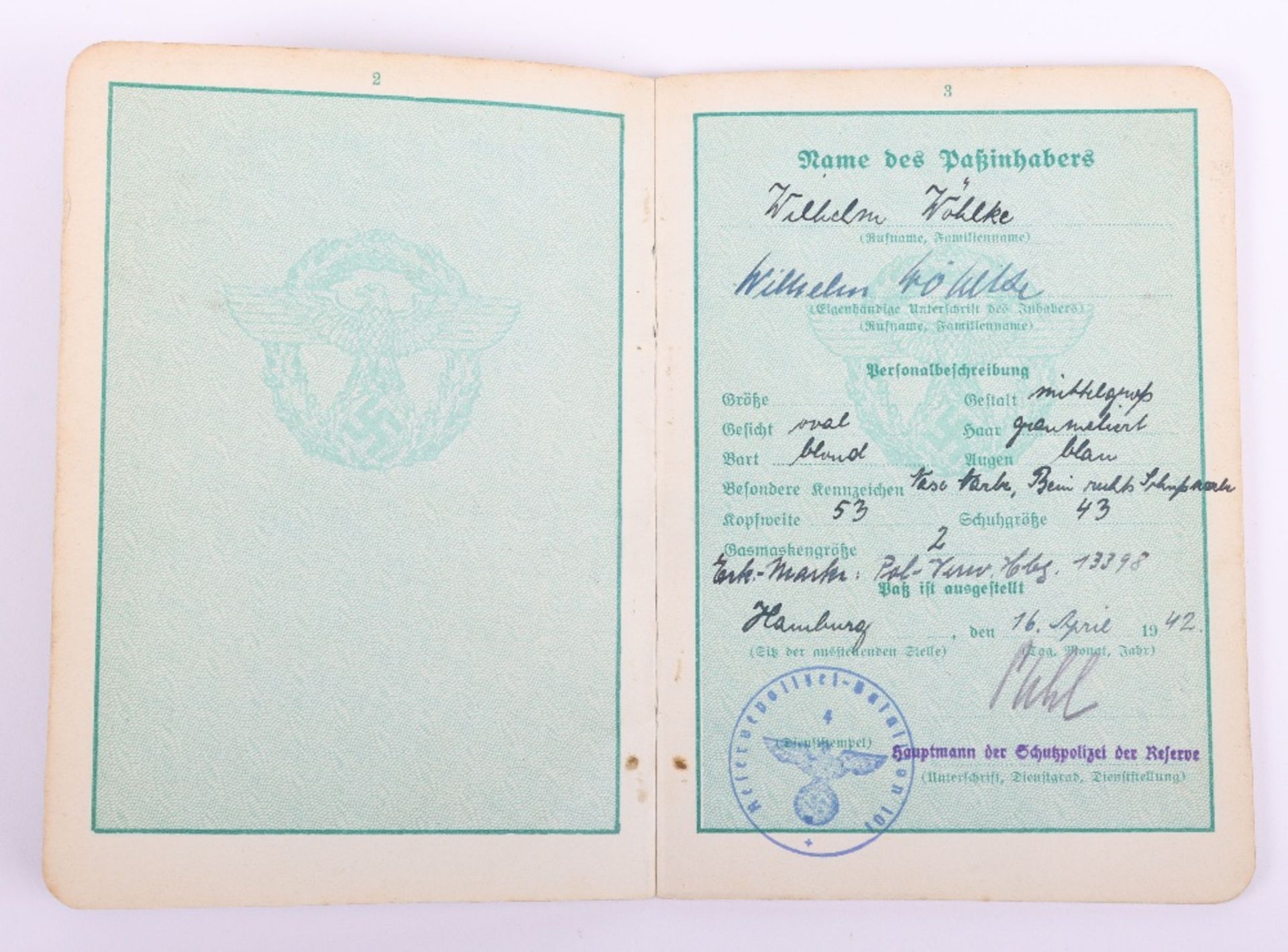 WW2 German Police service book / Polizei Dienstpass to W. Wöhlke, 1942 as Wachmeister d. Schutzpoliz - Image 4 of 9