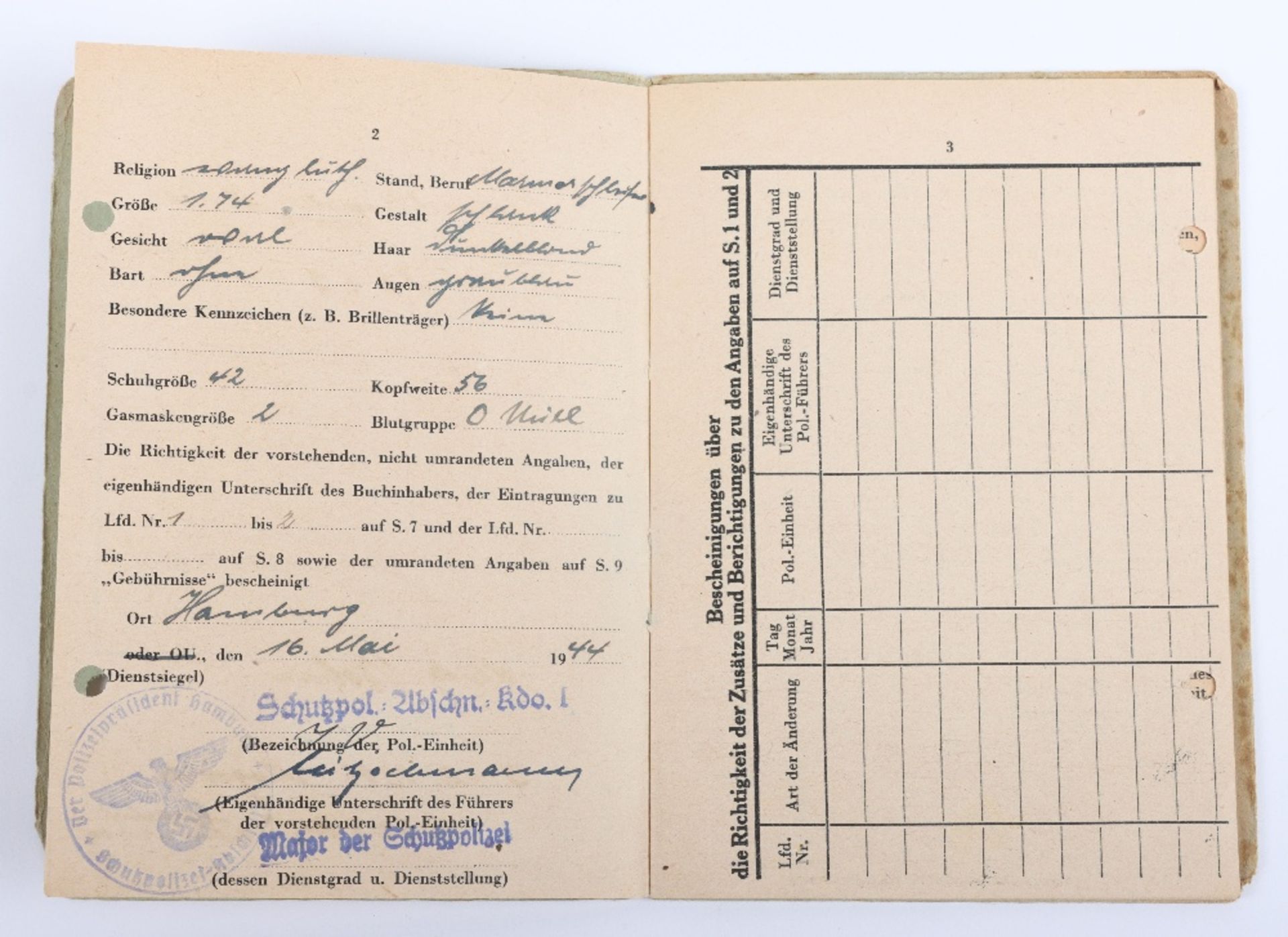 WW2 German Police Soldbuch / ID book to Fritz Bohn, Polizei Reserve Hamburg 1944 - Bild 5 aus 8