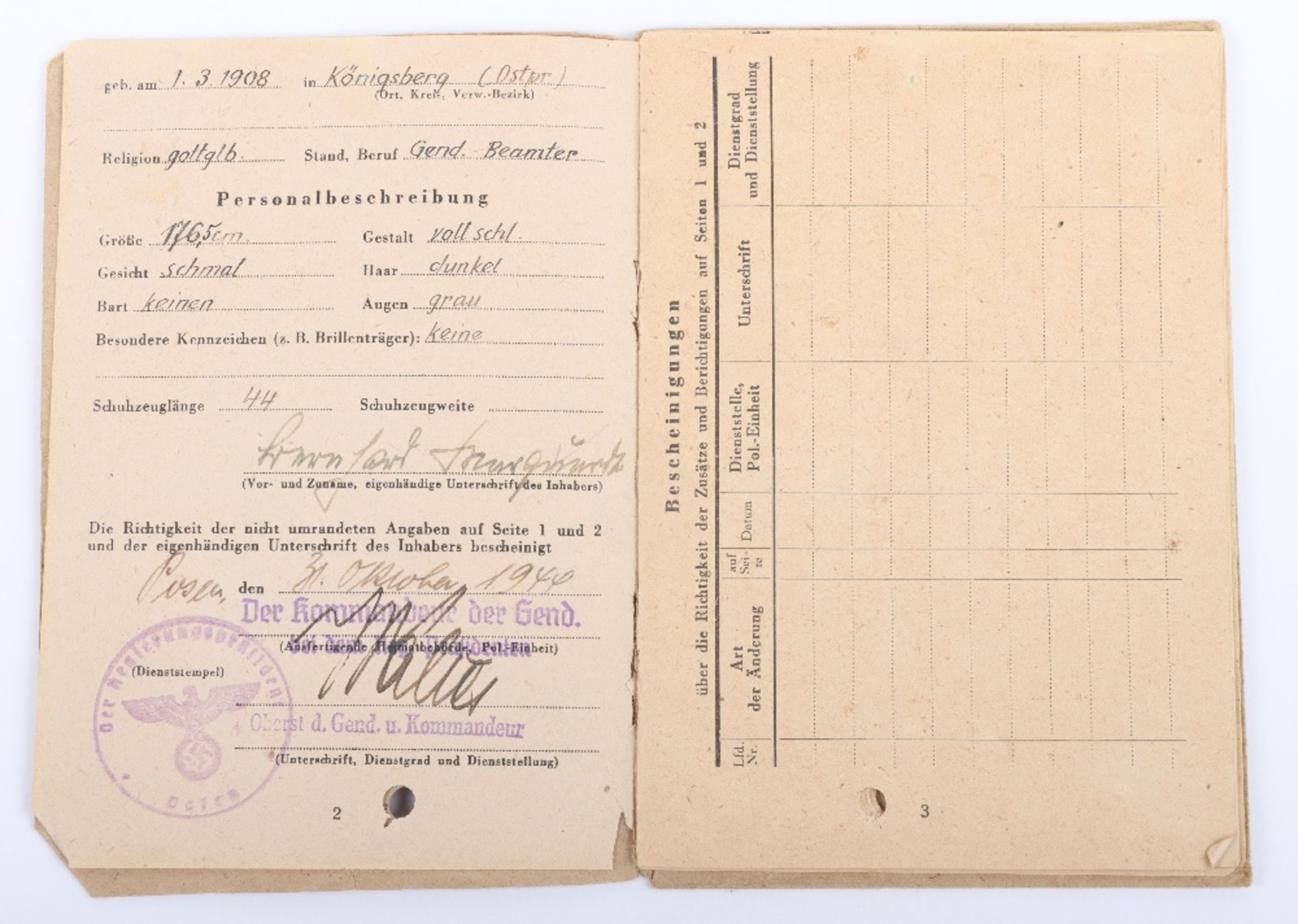 WW2 German SS-Polizei Soldbuch to Bez. Oberwachtm. d Gend. B. Marquardt. Shrapnel wound Feb. 1945. C - Bild 3 aus 14