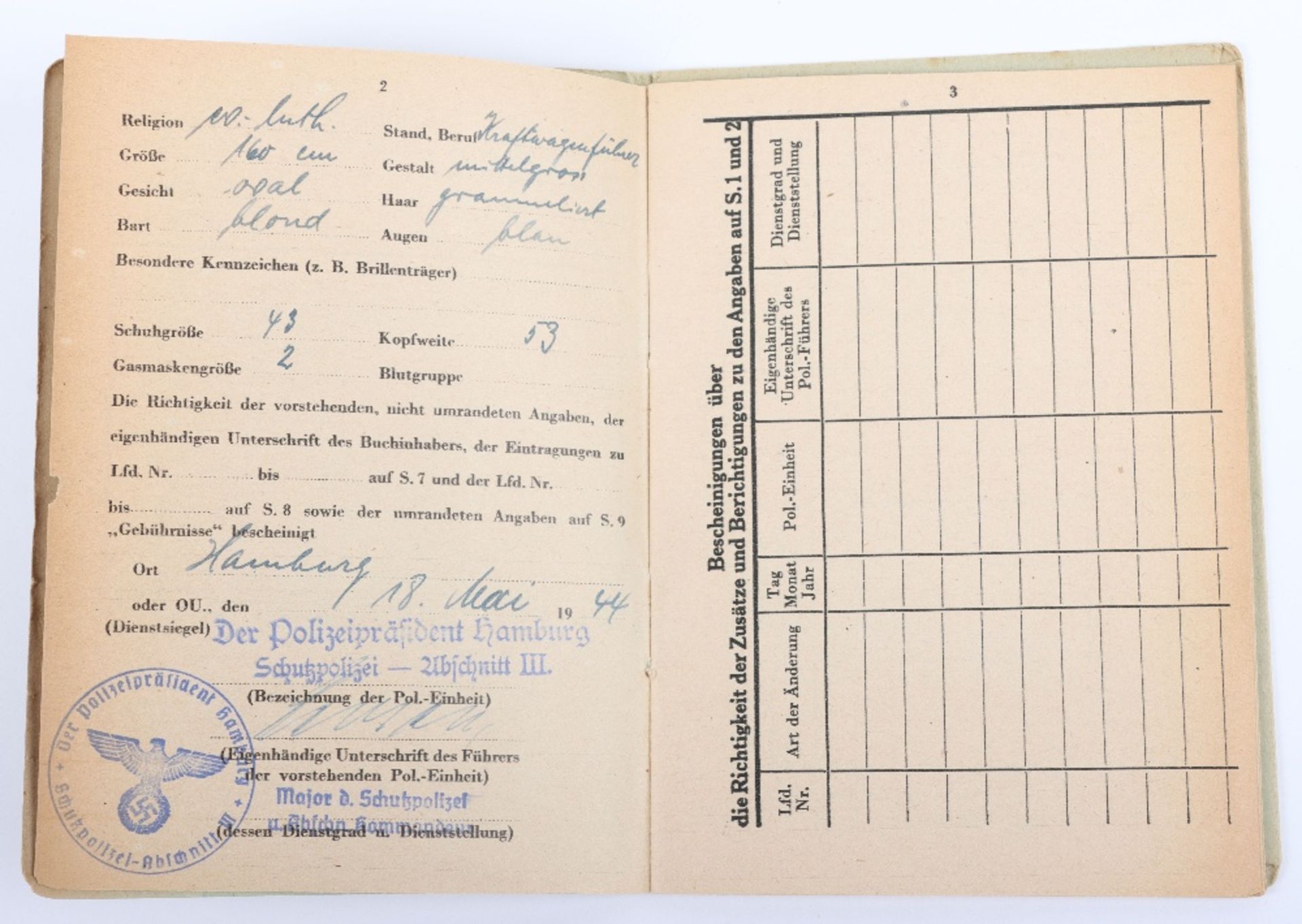 WW2 German Police Soldbuch / ID book to W. Wöhlke, late 1944 issue, Hamburg - Bild 5 aus 14