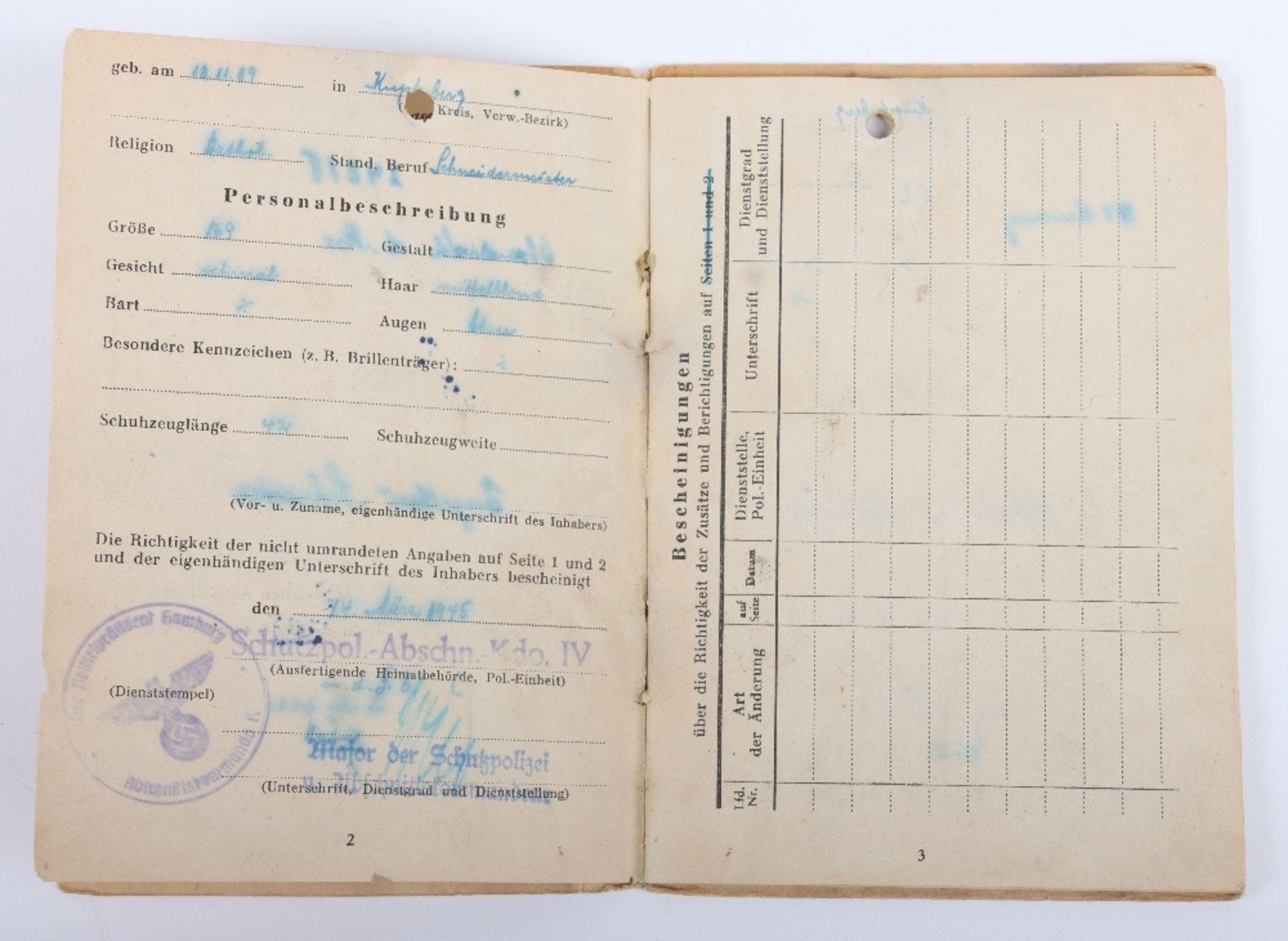 WW2 German SS-Polizei Soldbuch to Oberwachmeister der Reserve E. Schreiter. Late 1945 issue Abschnit - Bild 5 aus 10