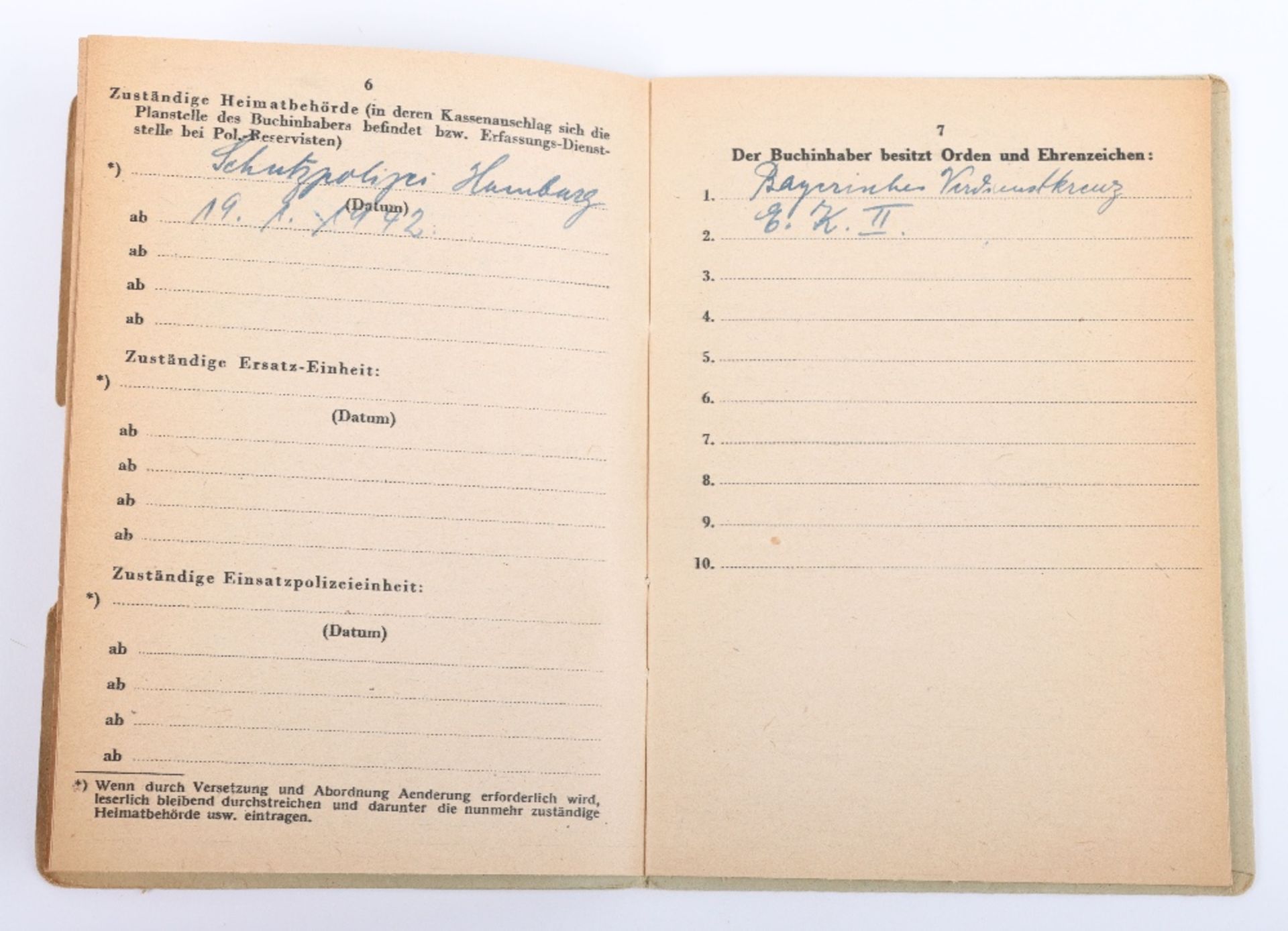 WW2 German Police Soldbuch / ID book to J. Kilian, Polizei Reserve Hamburg 1944 - Bild 7 aus 8