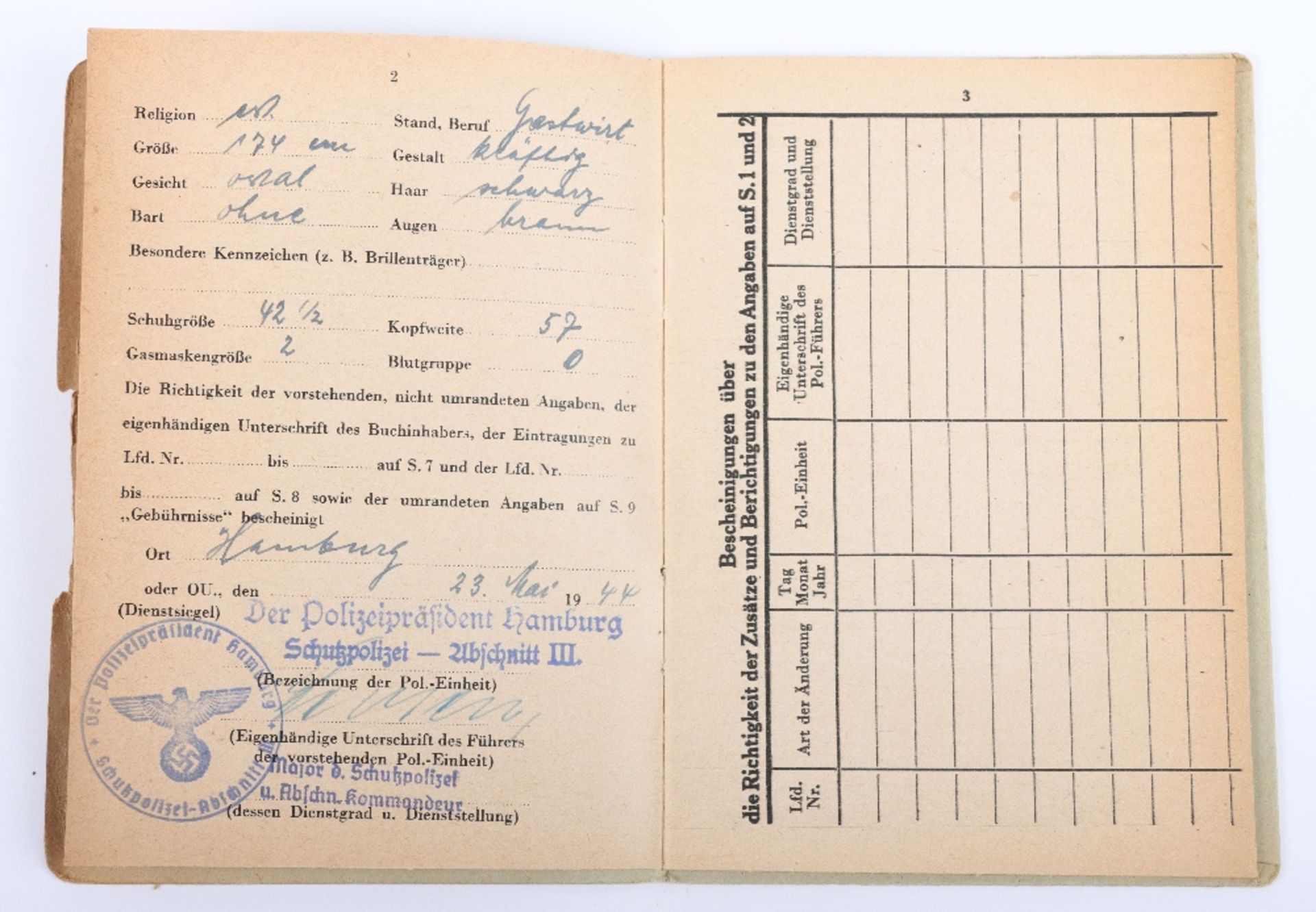 WW2 German Police Soldbuch / ID book to J. Kilian, Polizei Reserve Hamburg 1944 - Bild 5 aus 8