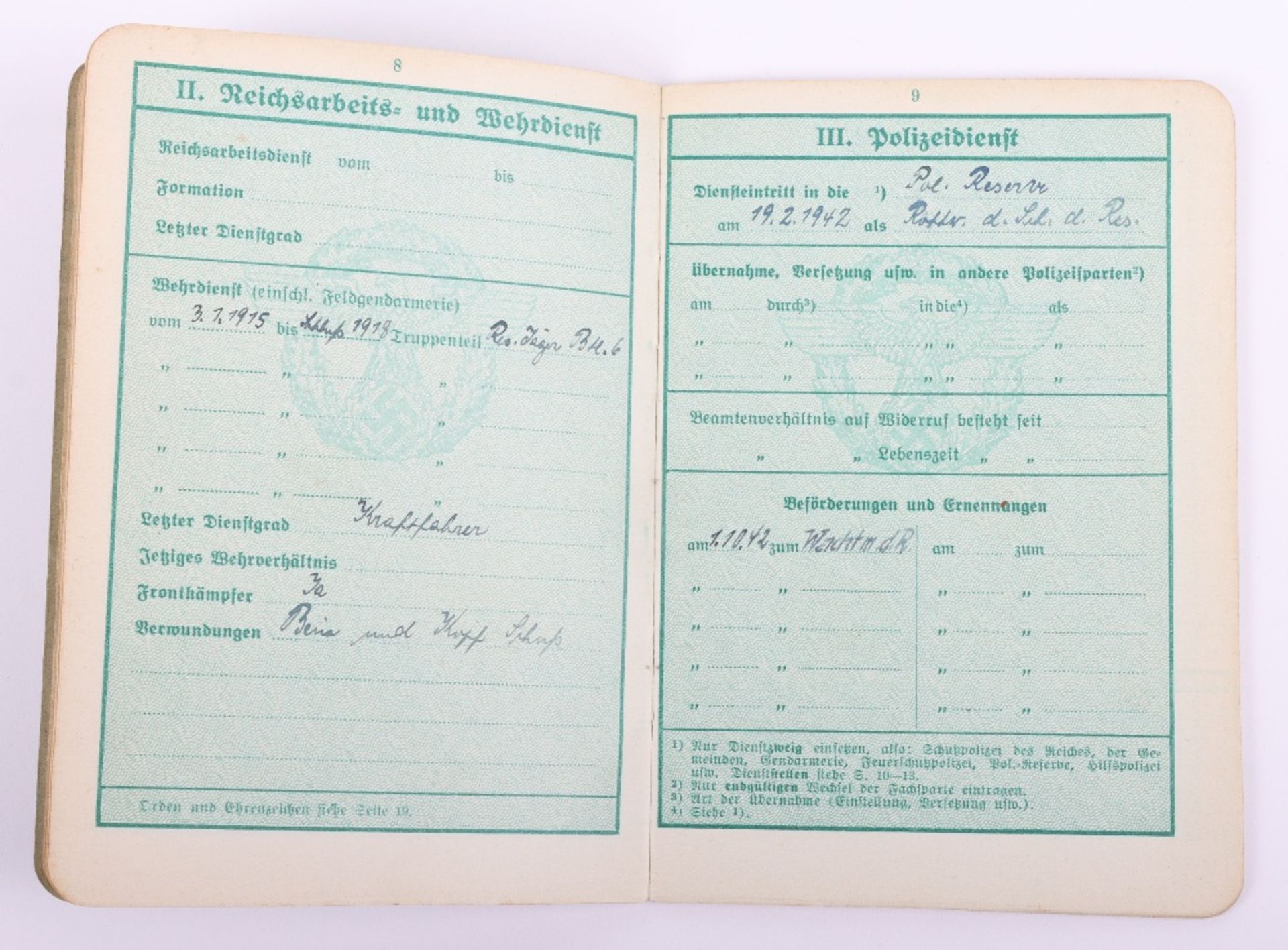 WW2 German Police service book / Polizei Dienstpass to W. Wöhlke, 1942 as Wachmeister d. Schutzpoliz - Bild 6 aus 9