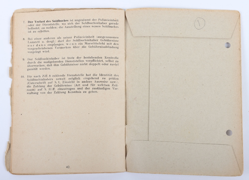 WW2 German SS-Polizei Soldbuch to Oberwachmeister der Reserve Robert Schulz. Late, 1945 issue, Schut - Image 7 of 8