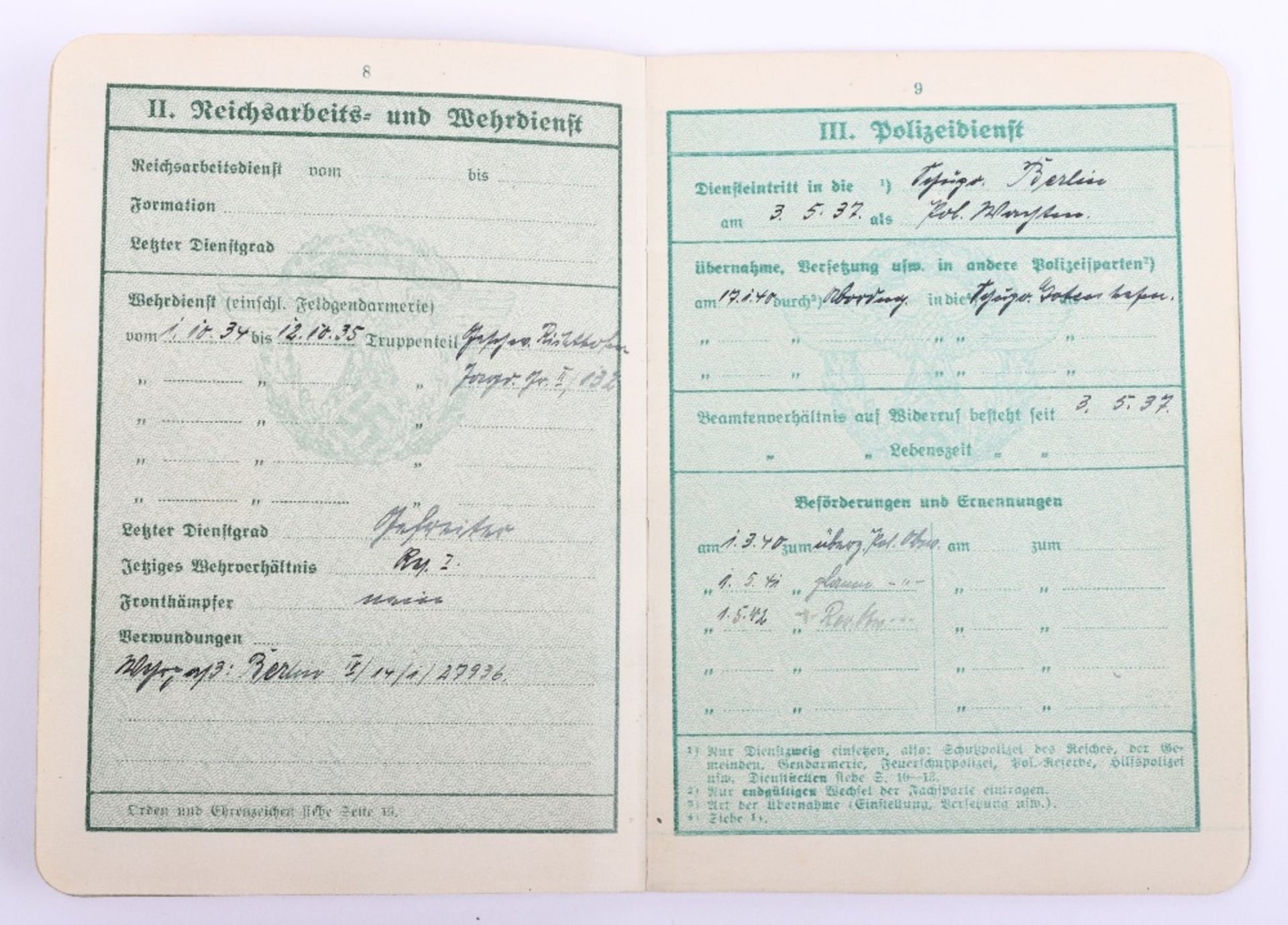 WW2 German Police service book / Polizei Dienstpass to Kurt Falbe from Berlin - Image 7 of 11