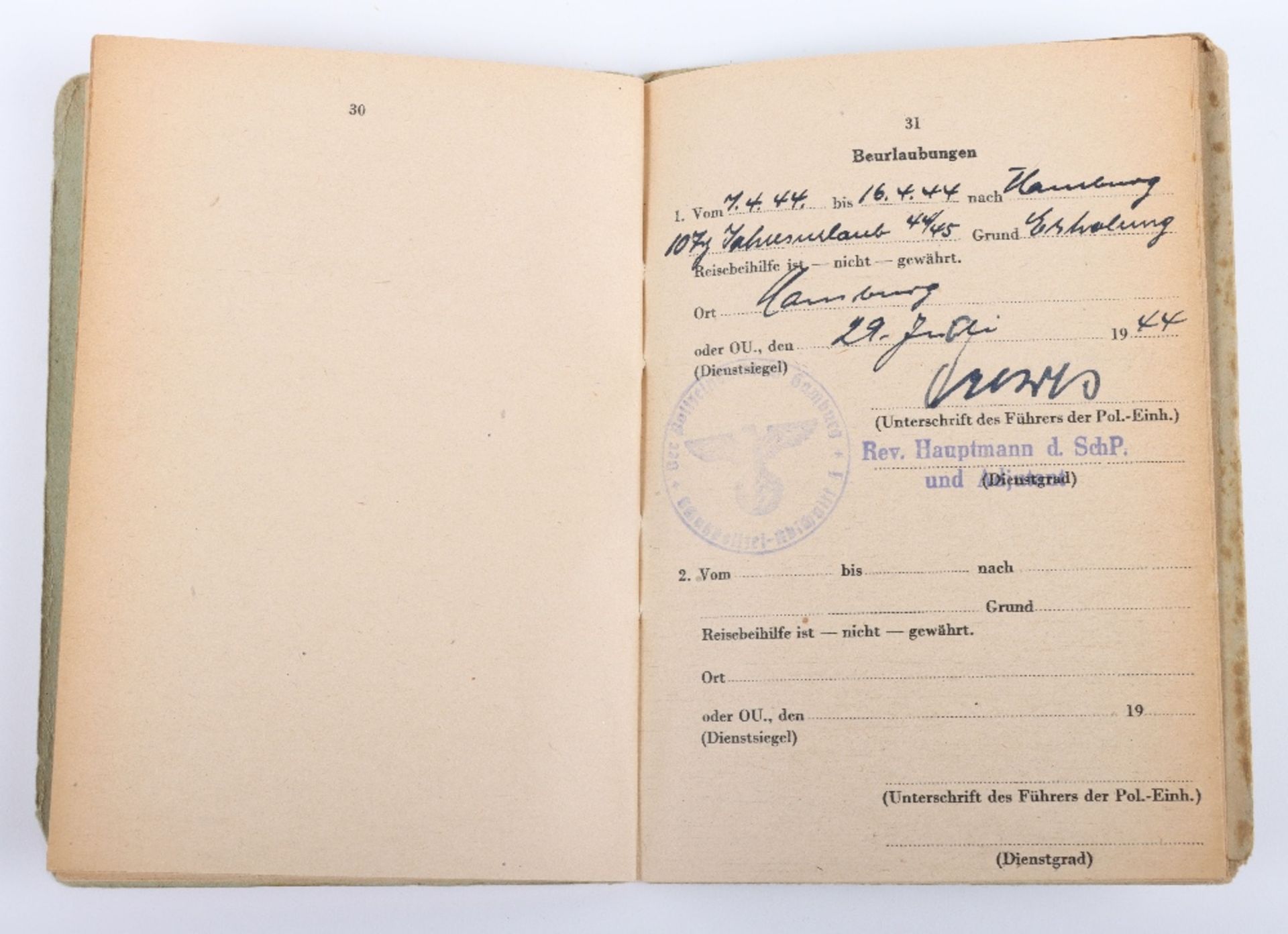 WW2 German Police Soldbuch / ID book to Fritz Bohn, Polizei Reserve Hamburg 1944 - Bild 7 aus 8