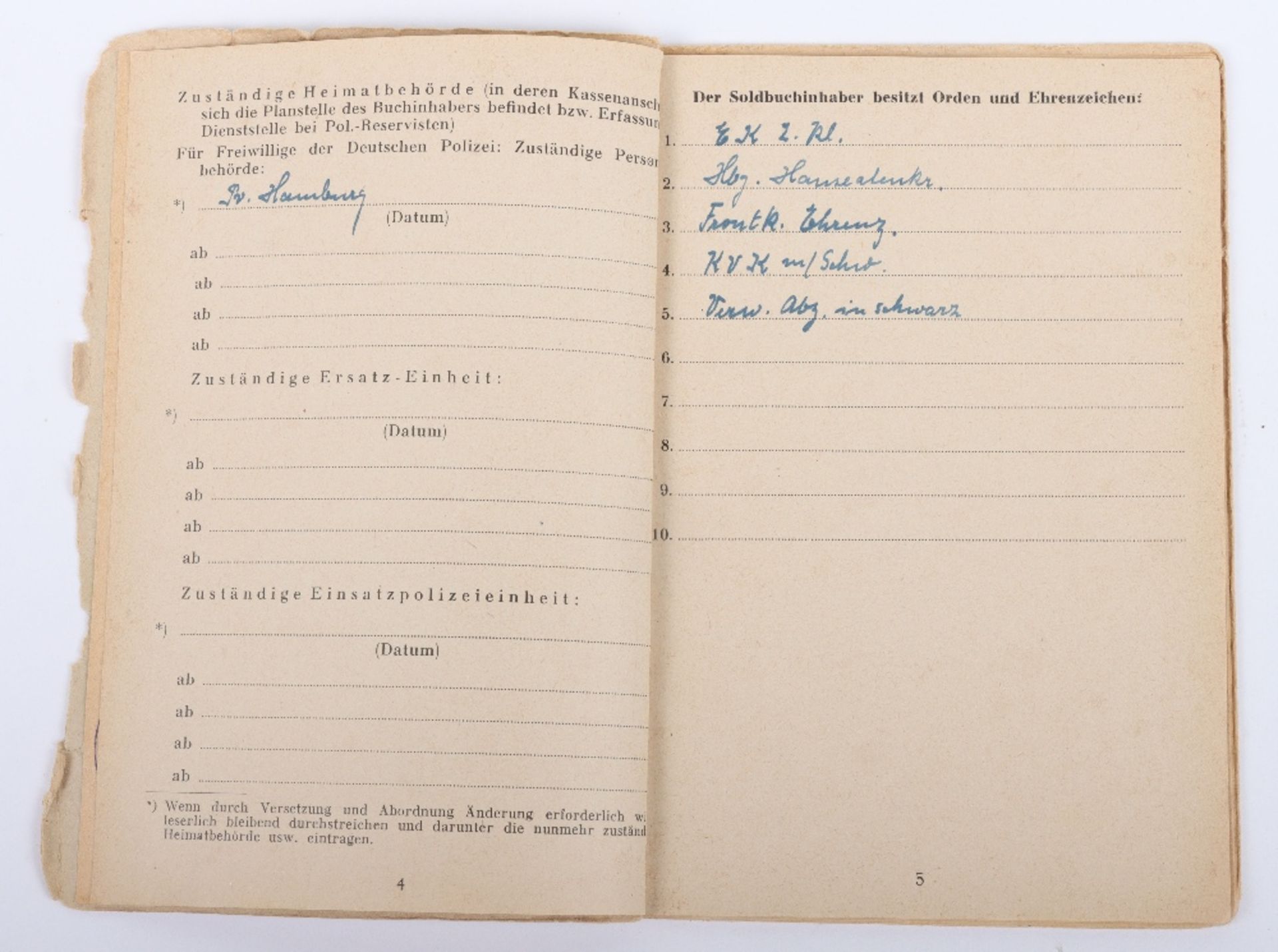 WW2 German SS-Polizei Soldbuch to Oberwachmeister der Reserve Robert Schulz. Late, 1945 issue, Schut - Bild 4 aus 8