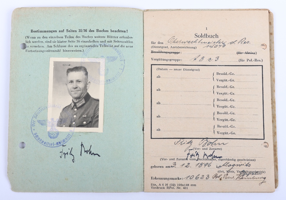 WW2 German Police Soldbuch / ID book to Fritz Bohn, Polizei Reserve Hamburg 1944 - Image 3 of 8