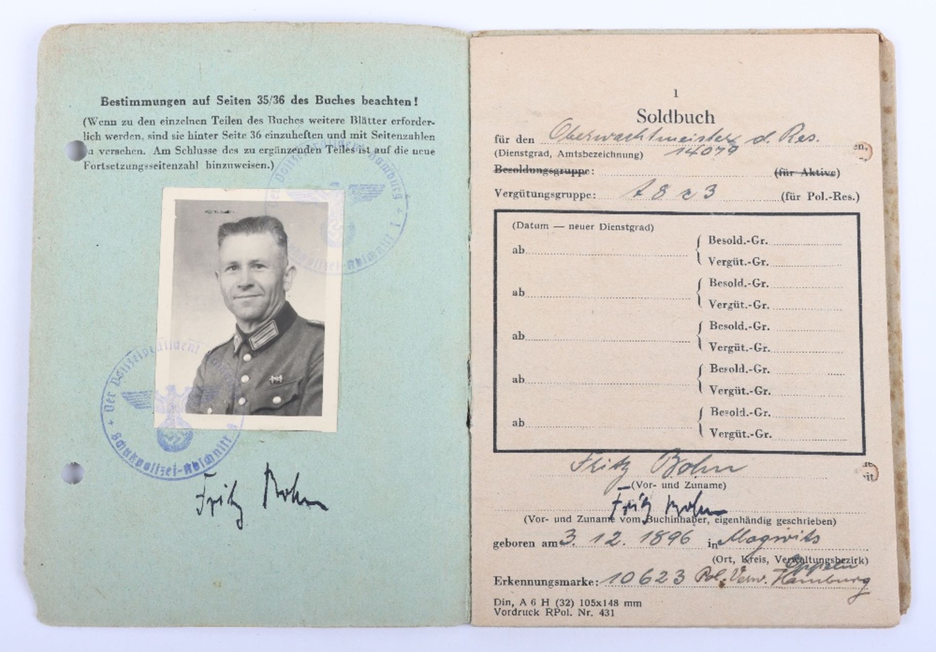 WW2 German Police Soldbuch / ID book to Fritz Bohn, Polizei Reserve Hamburg 1944 - Bild 3 aus 8