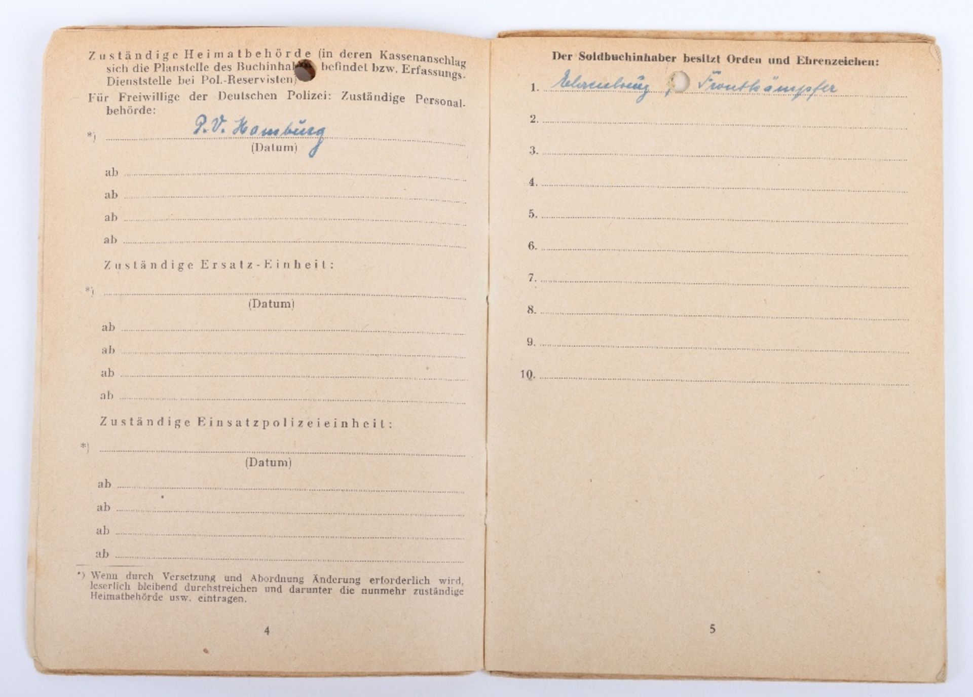 WW2 German SS-Polizei Soldbuch to Hauptwachmeister der Reserve Fritz Krüger. Late, 5 April 1945 issu - Bild 4 aus 9