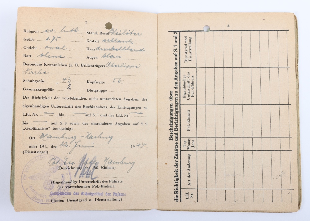 WW2 German Police Soldbuch / ID book to Thilo Linsel, late 1944 issue, Polizei Reserve Hamburg - Image 5 of 11