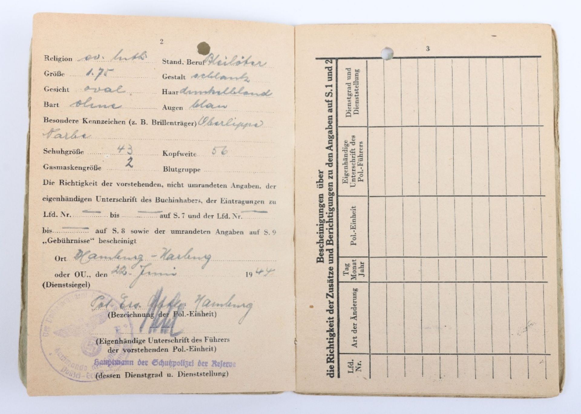 WW2 German Police Soldbuch / ID book to Thilo Linsel, late 1944 issue, Polizei Reserve Hamburg - Bild 5 aus 11