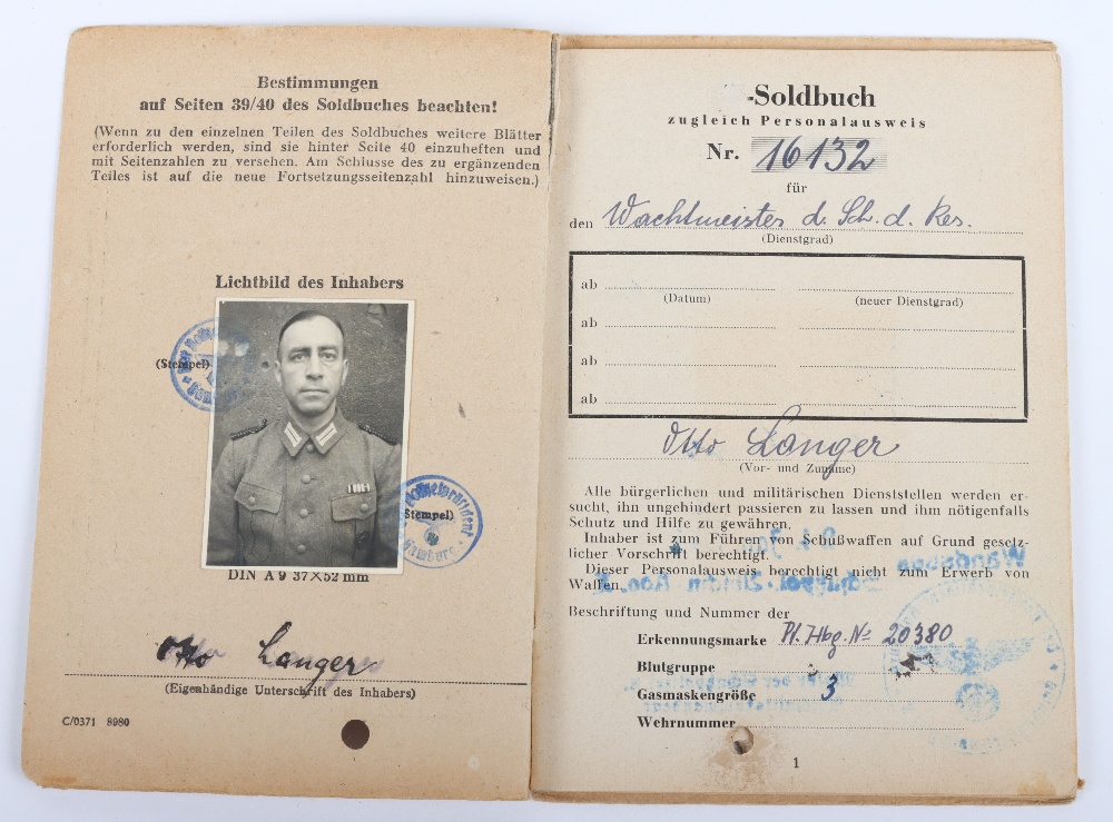 WW2 German SS-Polizei Soldbuch to Wachmeister der Reserve Otto Langer. Late, 1945 issue, Schutzpoliz