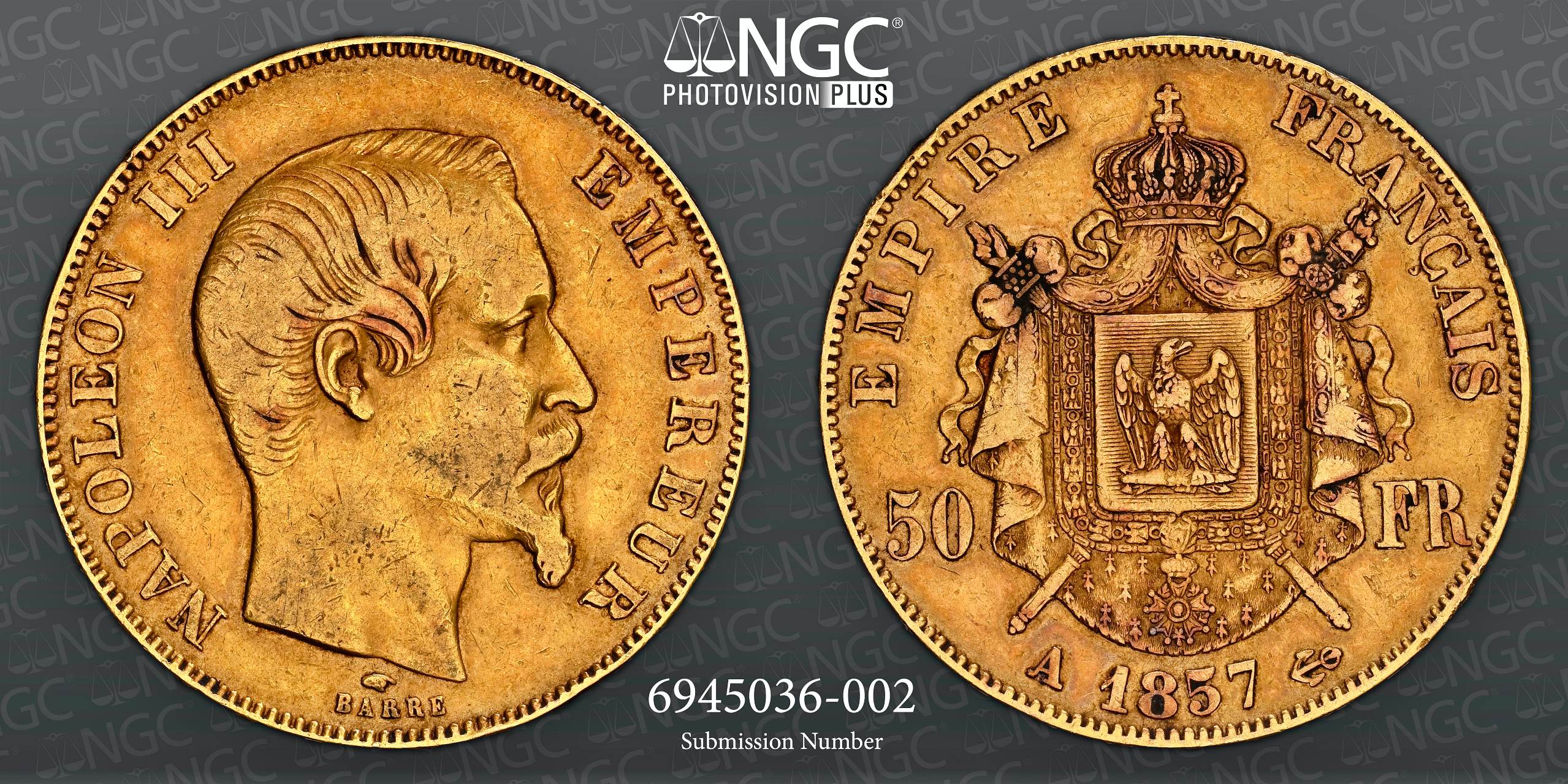 NGC VF 30 – France – Napoleon III, 50 Franc, 1857 A - Image 3 of 3