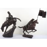 Two large bronze 20th century groups, after Remington ‘The Outlaw’ and Cowboy with US flag