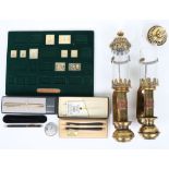 A mixed lot including a part Silver gilt stamp set, a silver Kingston St Mary coin