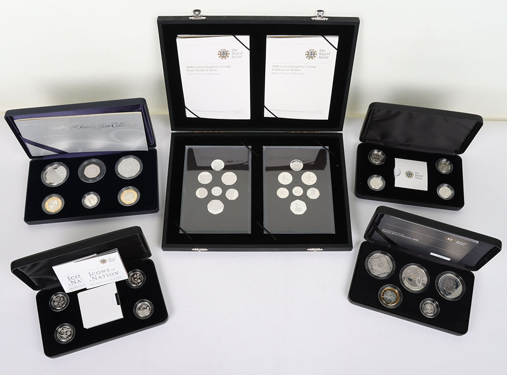 A 2008 Silver Proof set with Royal Shields and Emblems of Britain, with 2007 & 2008 Family Silver co
