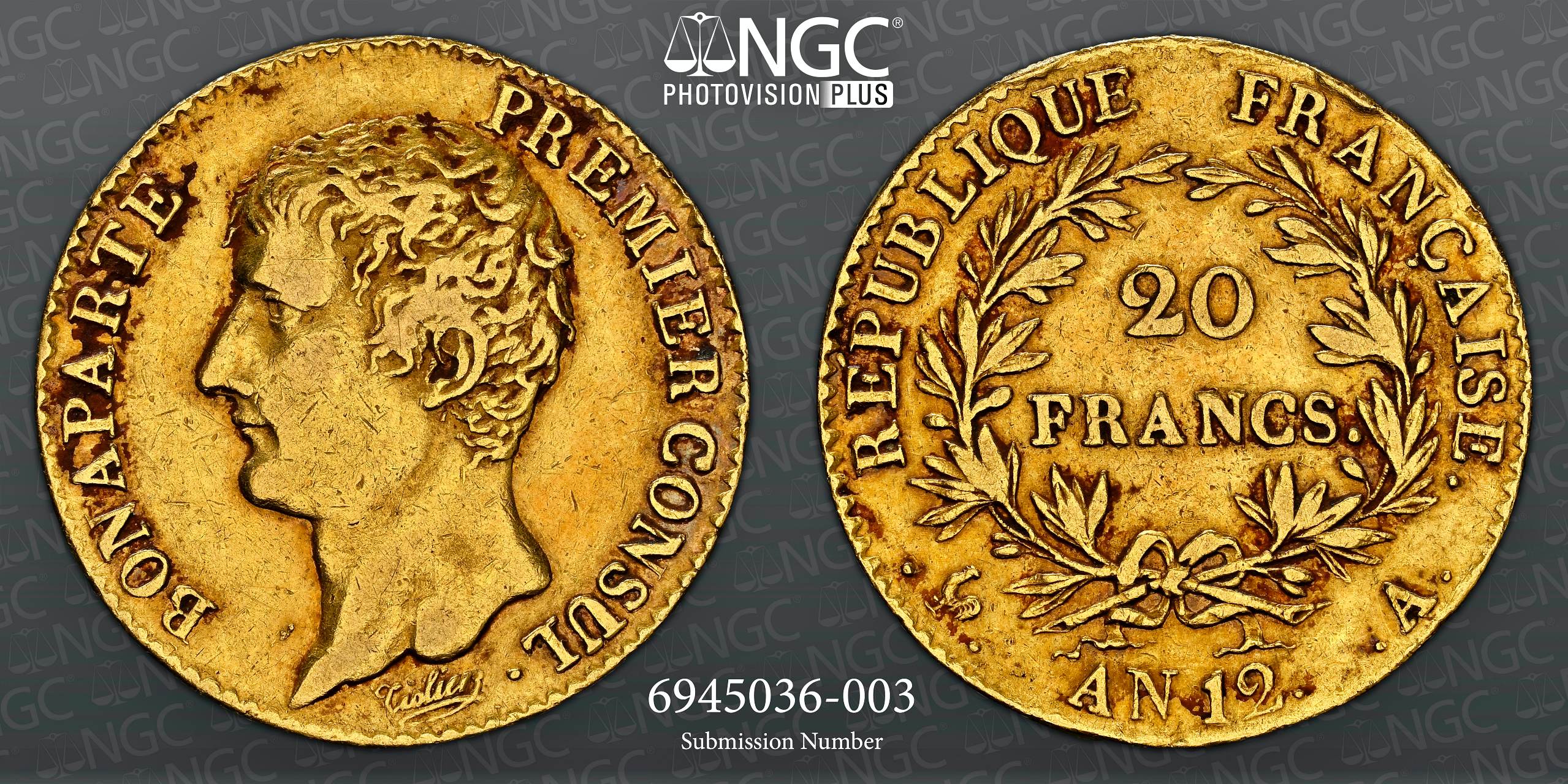 NGC AU Details – France – Napoleon I, As Emperor, 20 Francs, Year 12A (1803-4), - Image 3 of 3