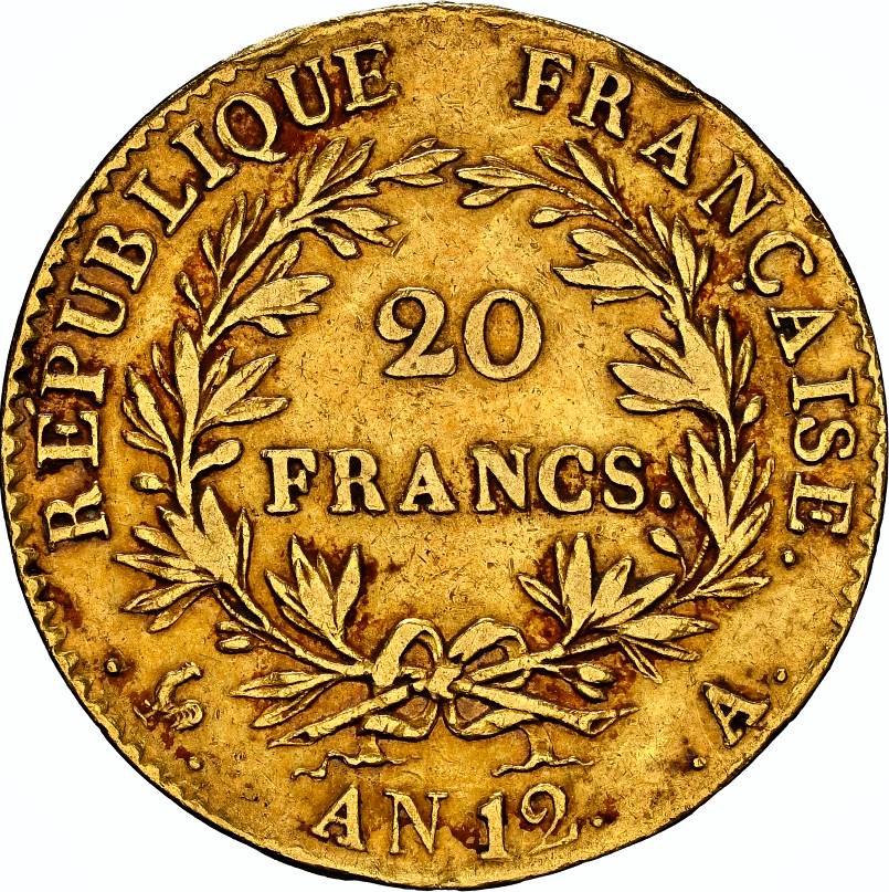 NGC AU Details – France – Napoleon I, As Emperor, 20 Francs, Year 12A (1803-4), - Image 2 of 3