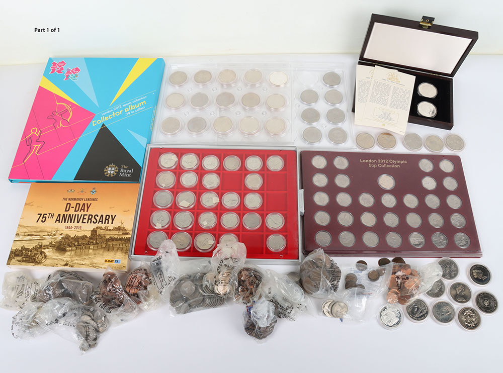 A good mixed lot of modern coinage including London 2012 Collector Album, various trays of 50p’s, £2
