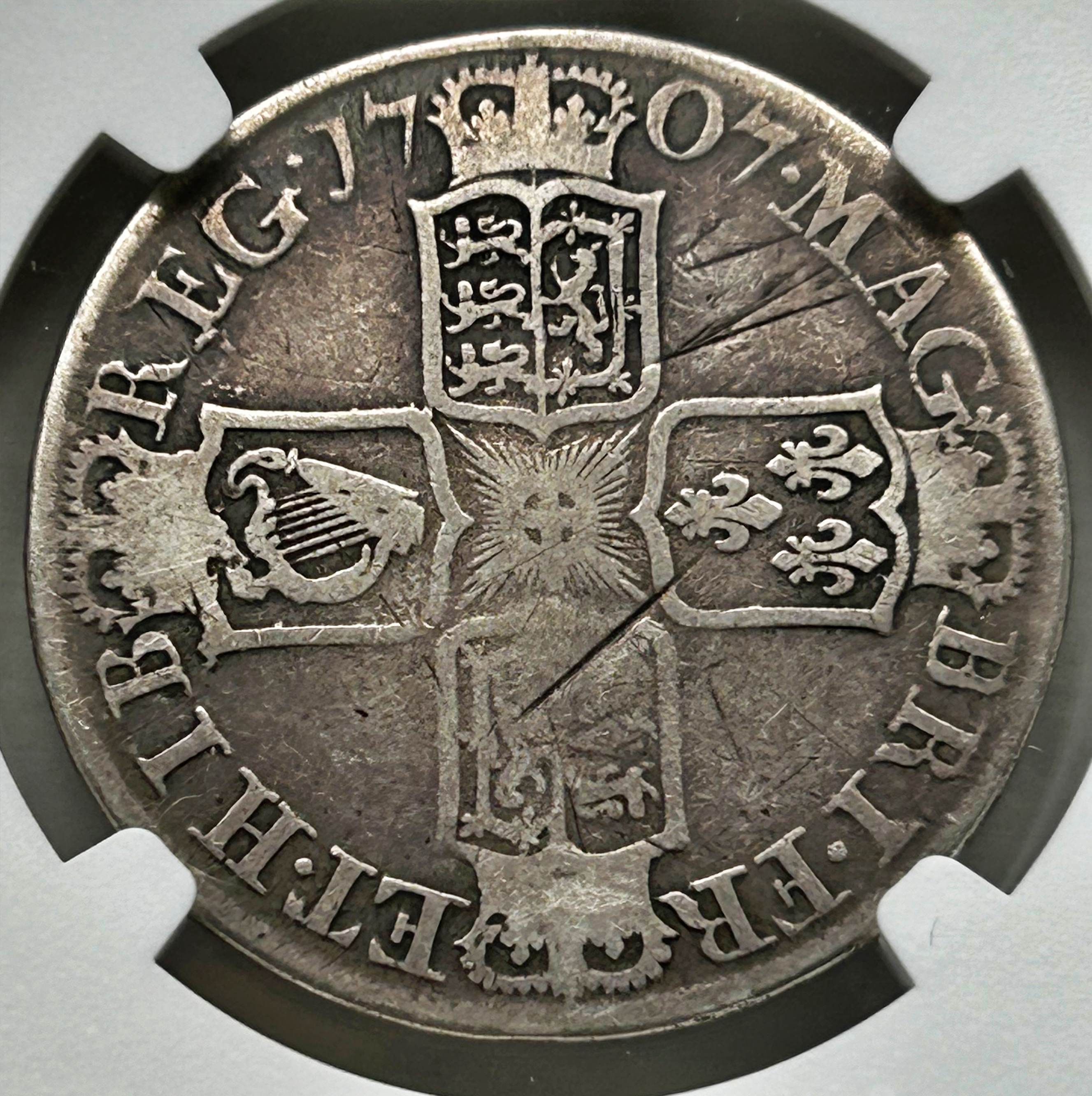 NGC VG Details – Anne (1702-14), Halfcrown, 1707E, Post Union