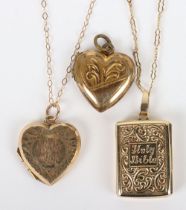 Two 9ct gold heart lockets with a 9ct gold bible locket