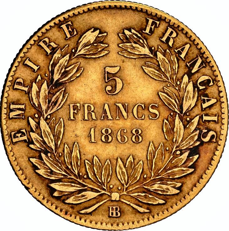 NGC XF 45 – France – Napoleon III, 5 Francs, 1868 BB - Image 2 of 3