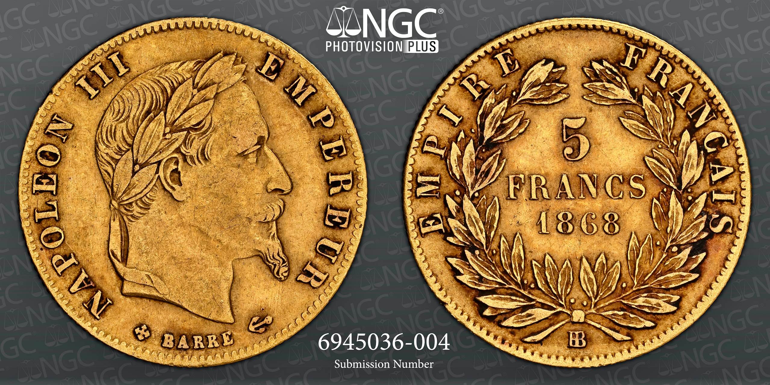 NGC XF 45 – France – Napoleon III, 5 Francs, 1868 BB - Image 3 of 3