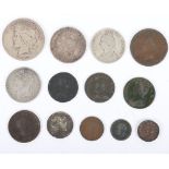 A selection of 18th century and later GB and world coinage, including 1866B Hannover Thaler, 1821 Ha