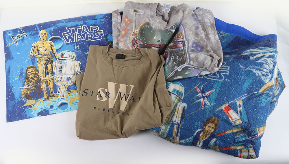 Star Wars Collection of Promotional Posters, Wrapping paper, T-Shirts and Bedding items from the 90s