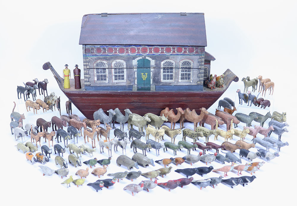A good early large painted wooden Erzgebirge Noah’s Ark and over two hundred animals, German 1860s/7