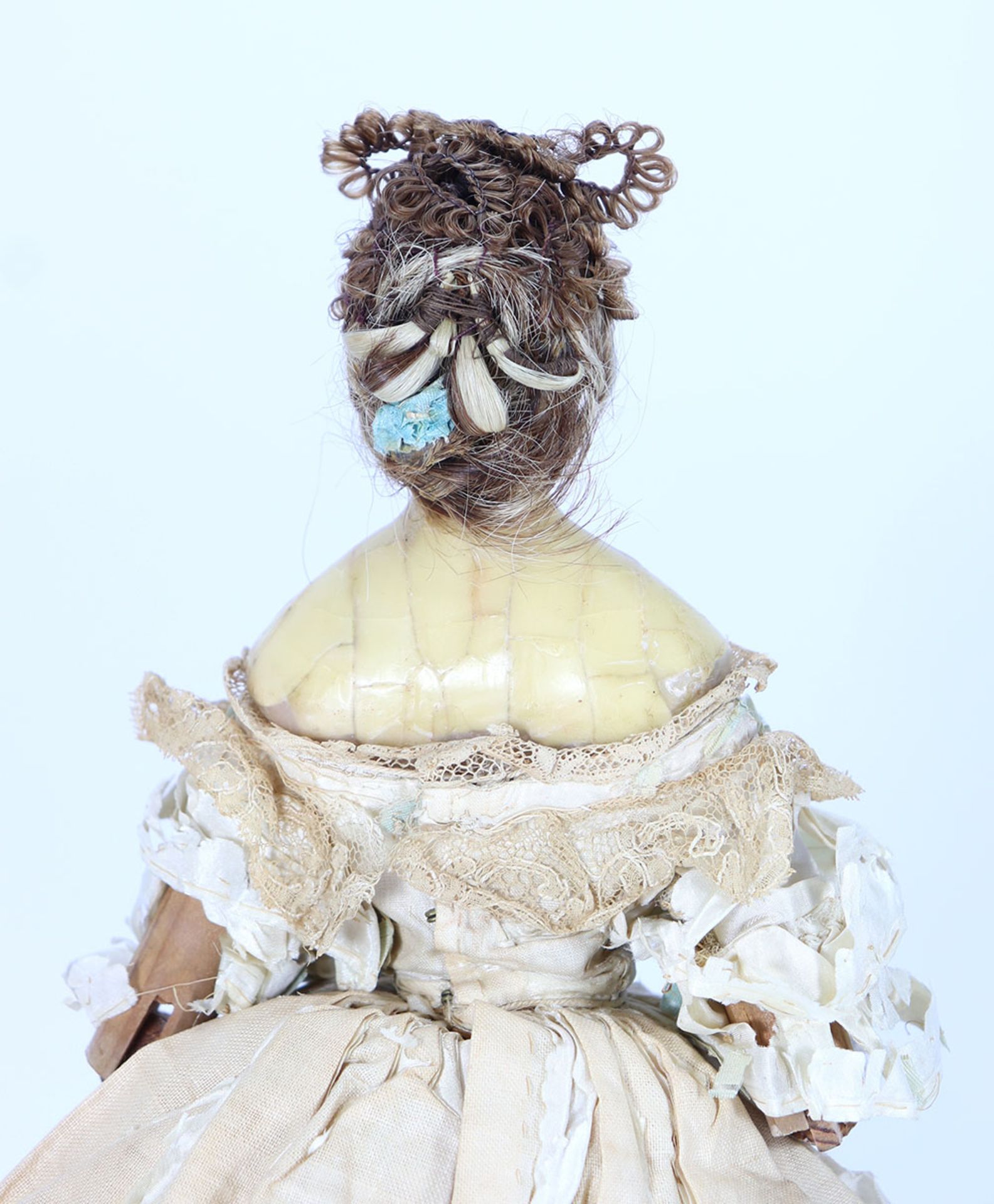 A rare all original wax over composition lady doll on jointed wooden body, German circa 1830, - Image 3 of 5