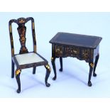 Fine wooden 1/12th scale Dolls House black Chinoiserie Desk and Chair by Judith Dunger, 1990s,