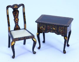Fine wooden 1/12th scale Dolls House black Chinoiserie Desk and Chair by Judith Dunger, 1990s,