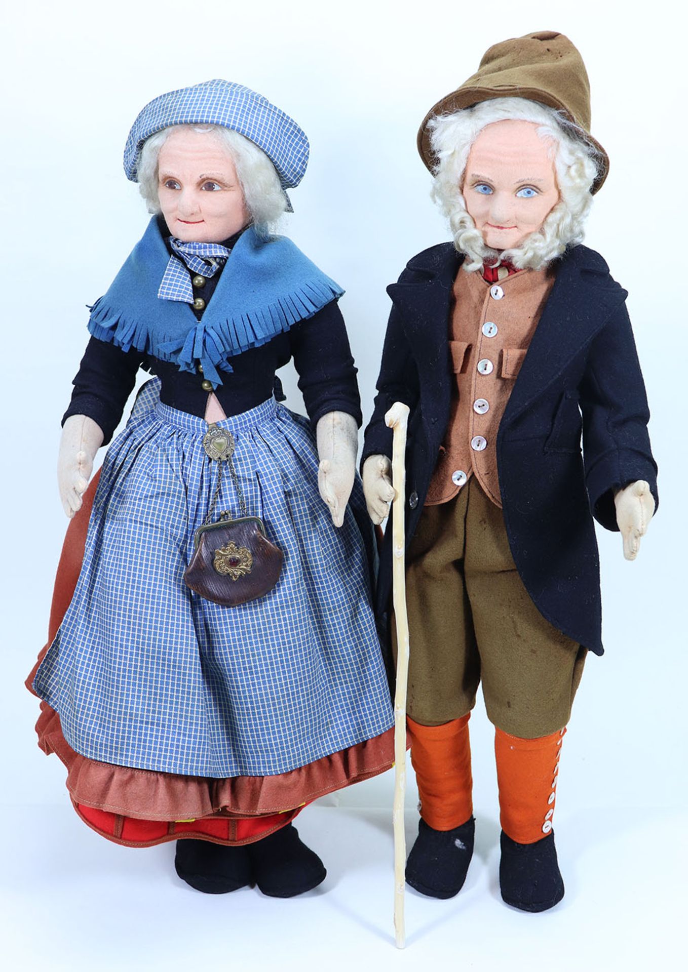Norah Wellings Old Man and Old Woman felt character dolls, English 1930’s,