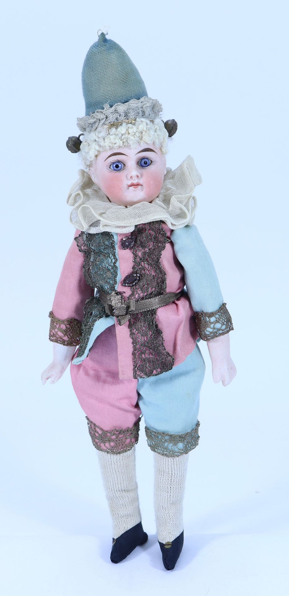 A closed mouth all original bisque head clown doll, German circa 1890,