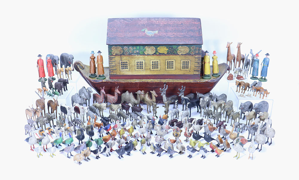 Extremely fine early painted wooden Erzgebirge Noah’s Ark with animals and family, German mid 19th