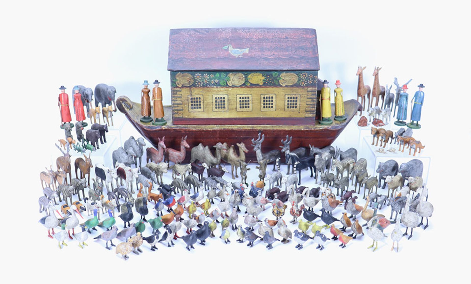 Extremely fine early painted wooden Erzgebirge Noah’s Ark with animals and family, German mid 19th