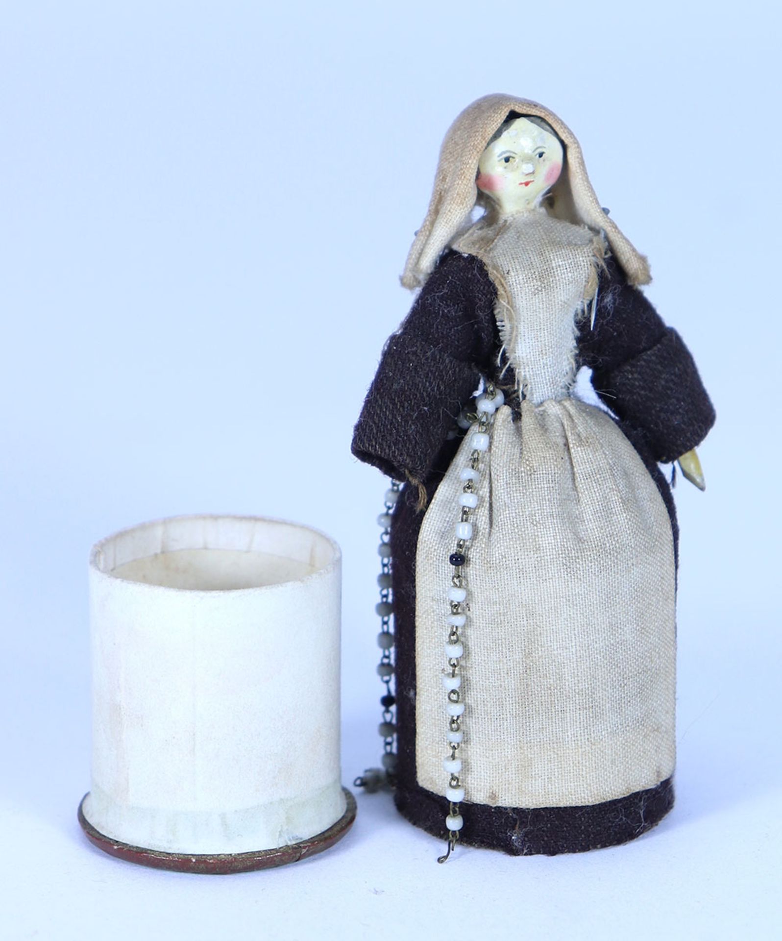 A sweet miniature painted wooden Grodnertal doll dressed as a Nun with pill box to skirt, German 182 - Image 2 of 2