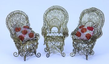 Three late 19th century decorative gilt metal wire arm chairs,