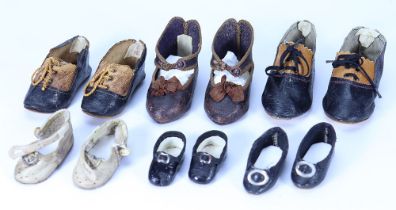 Six pairs of Doll shoes including Bebe Jumeau size 8,
