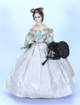 A rare all original wax over composition lady doll on jointed wooden body, German circa 1830,