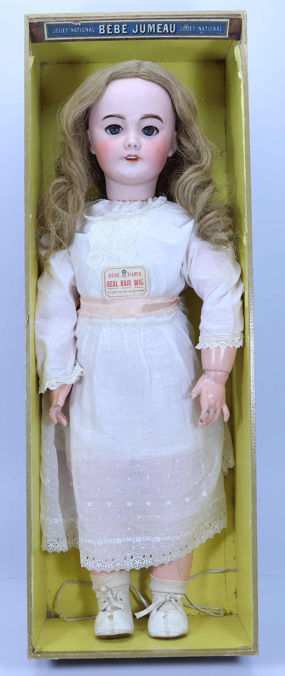 A large Tete Jumeau S.F.B.J 301 bisque head doll in original Jumeau box, size 13, French circa 1910,
