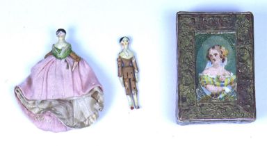 Two tiny miniature painted wooden Grodnertal dolls, German 1820s,