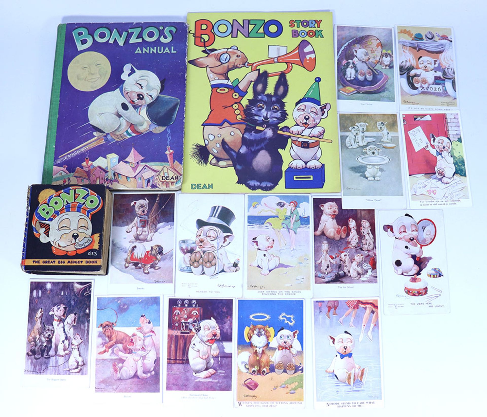 Collection of Bonzo books, postcards and more,