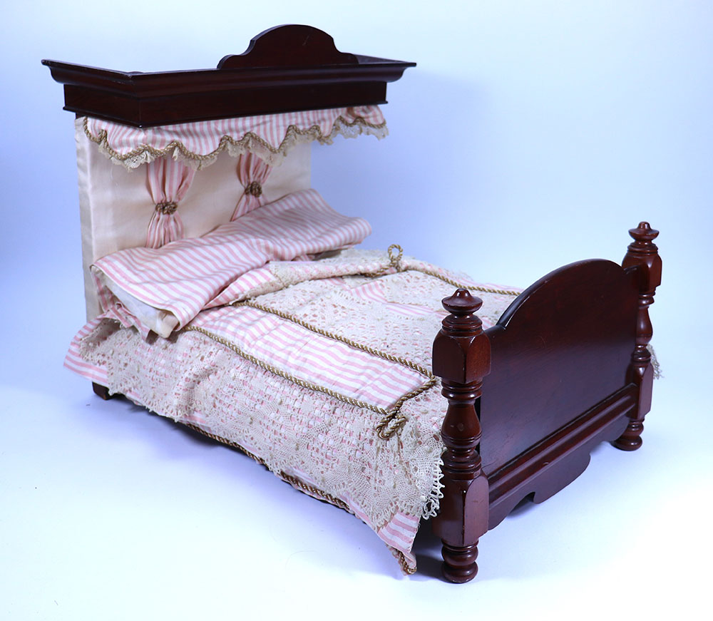 A Victorian mahogany Half-Tester Dolls bed with pink and white drapes, - Image 2 of 2