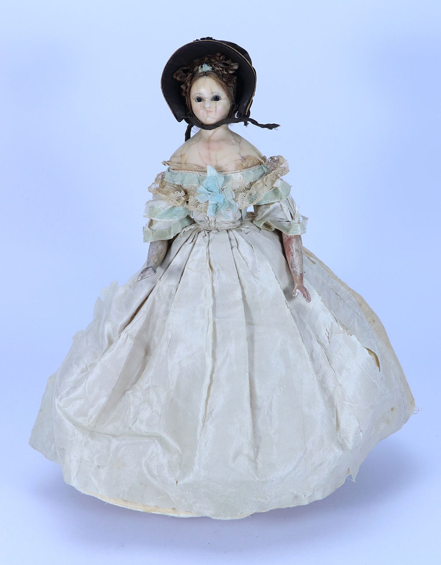 A rare all original wax over composition lady doll on jointed wooden body, German circa 1830, - Image 5 of 5