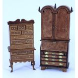 Fine wooden 1/12th scale Dolls House Bureau Cabinet and Tall Boy, signed RJS 1998 and 1997,